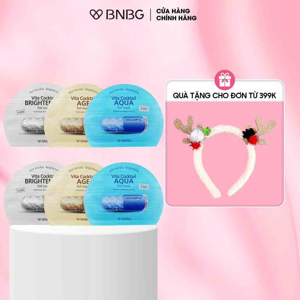 Combo 6 mặt nạ BNBG Vita Cocktail Foil Mask gấp đôi dưỡng chất (Brightening x2, Aqua x2, Age x2) 30ml x6