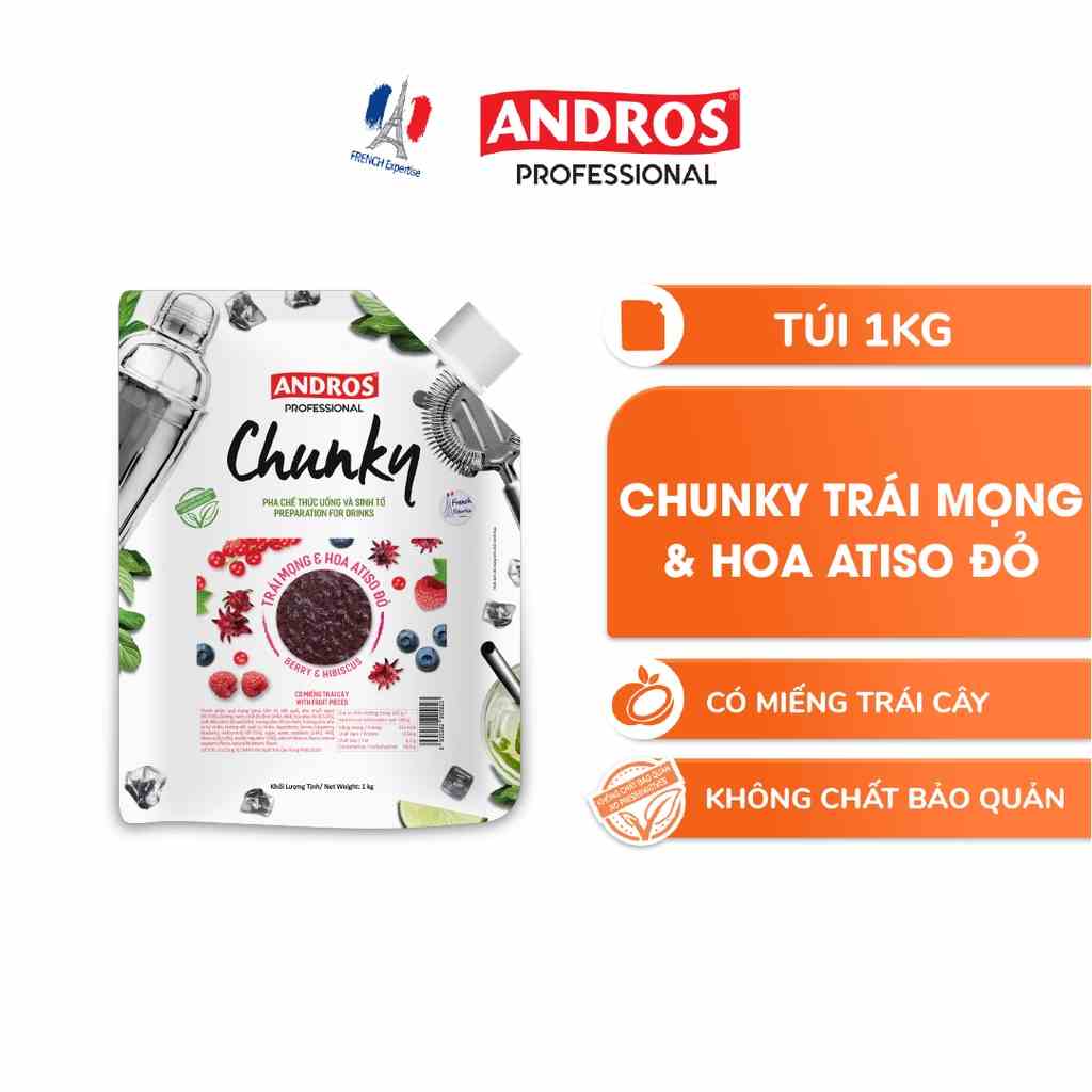 Mứt Trái Cây Pha Chế Trái mọng & Hoa Atiso đỏ - Có miếng trái cây thật - ANDROS CHUNKY - 1kg