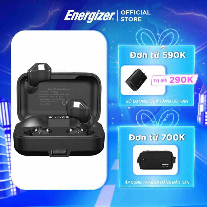 Tai nghe True Wireless Energizer UB2609 - Bluetooth V5.0, tích hợp sạc dự phòng 2600mAh, kháng nước IPX4-Hàng Chính Hãng