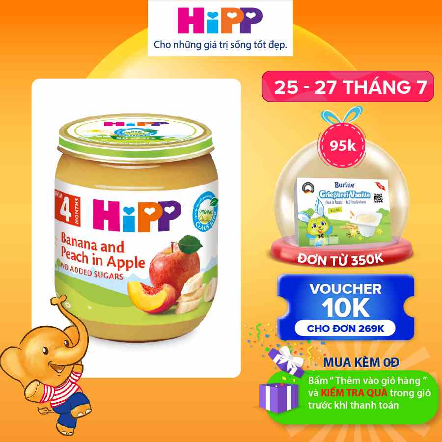 Dinh dưỡng đóng lọ ăn dặm HiPP Organic Chuối, Đào, Táo - 125g