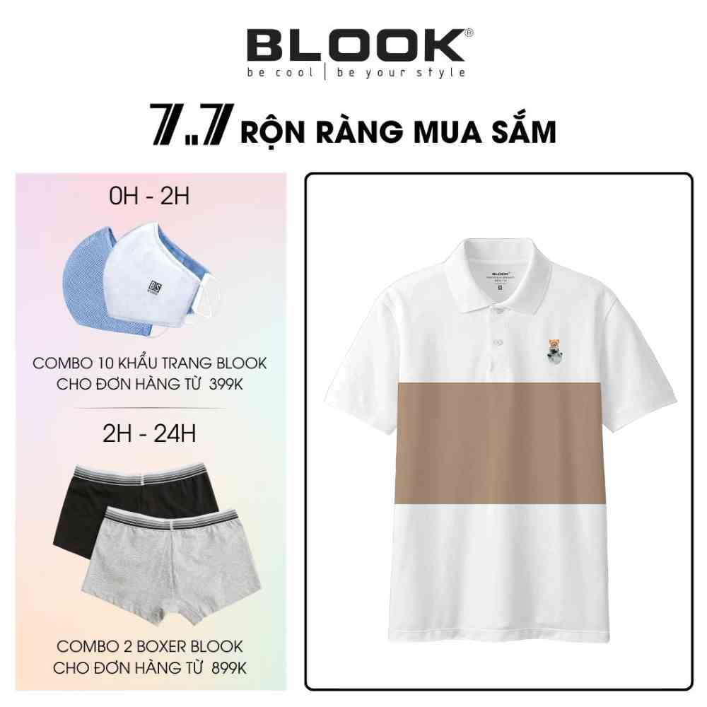 Áo Polo nam BLOOK cổ bẻ hình Gấu phối ngang vải cá sấu Cotton xuất xịn, trẻ trung, cao cấp mã 35621