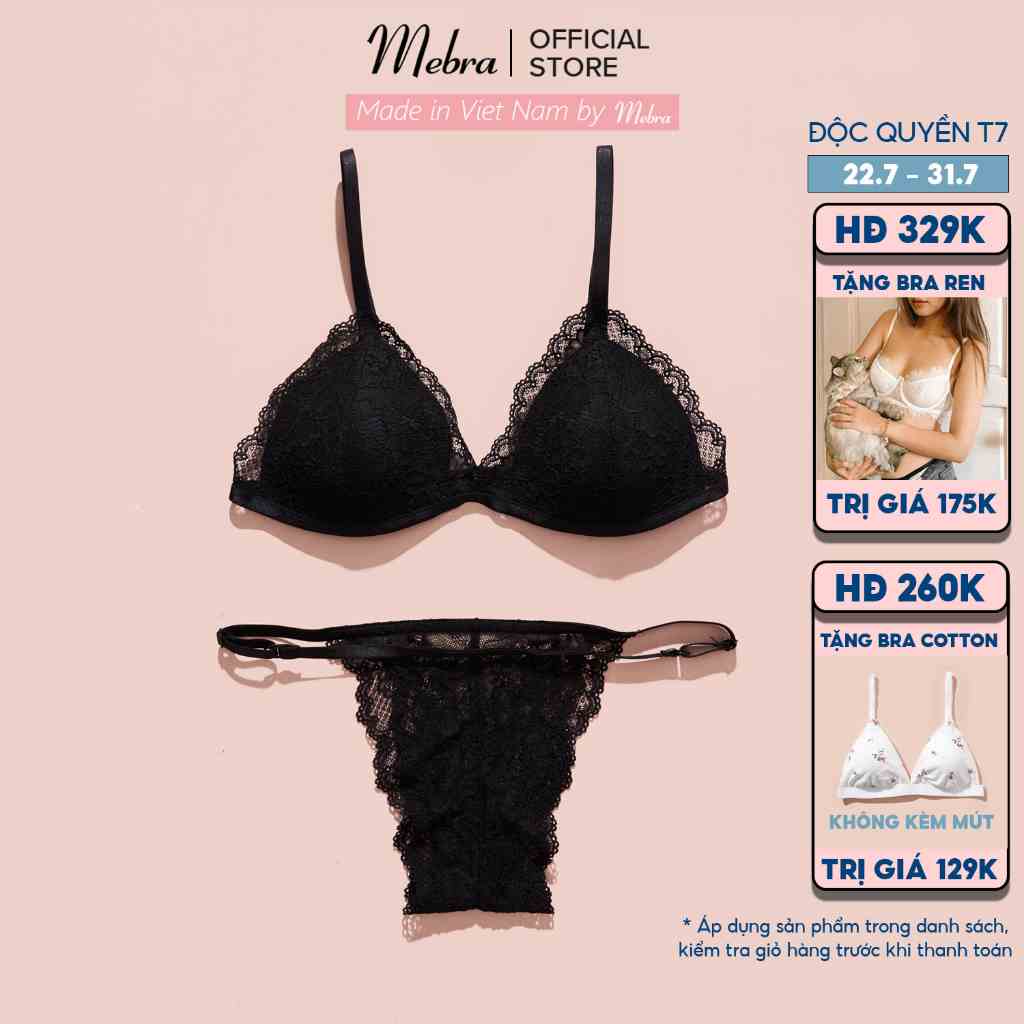 Set bralette đồ lót nữ ren màu đen áo bra không gọng mút mỏng quần dây gợi cảm ren mềm cao cấp Mebra A096