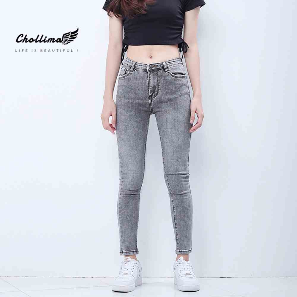 Quần jeans dài nữ co giãn Chollima cạp thường màu xám trắng QD029