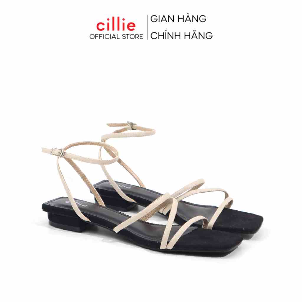 Sandal Quai Mảnh Dép Đi Biển Cillie Mũi Vuông Bằng Da Cao Cấp Gót Trụ Phối Kim Loại 2cm 1064