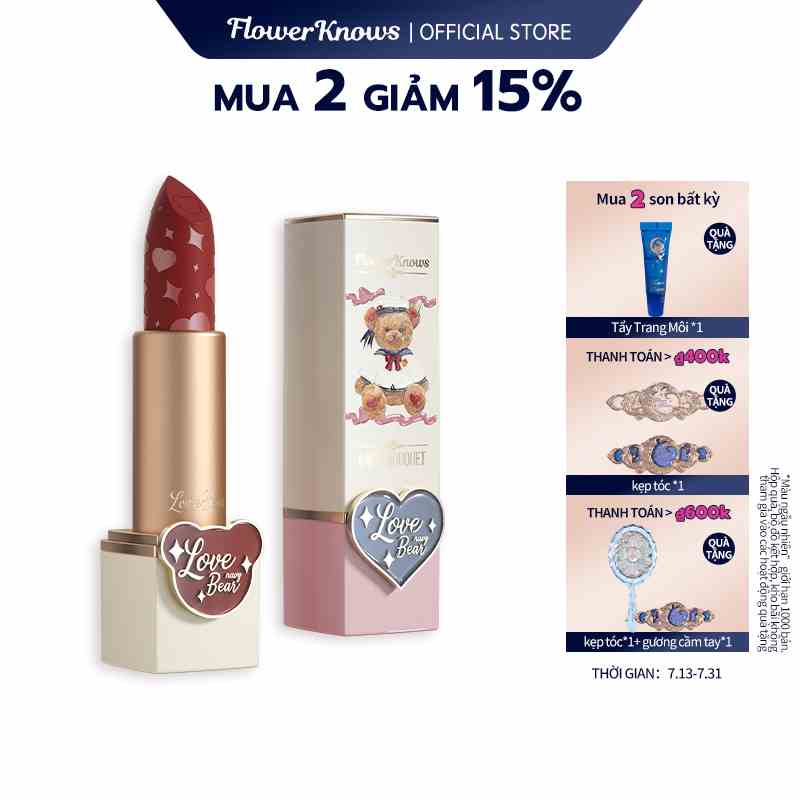 Son môi Flower Knows màu lì lâu trôi thiết kế vỏ ngoài đáng yêu 3.8g