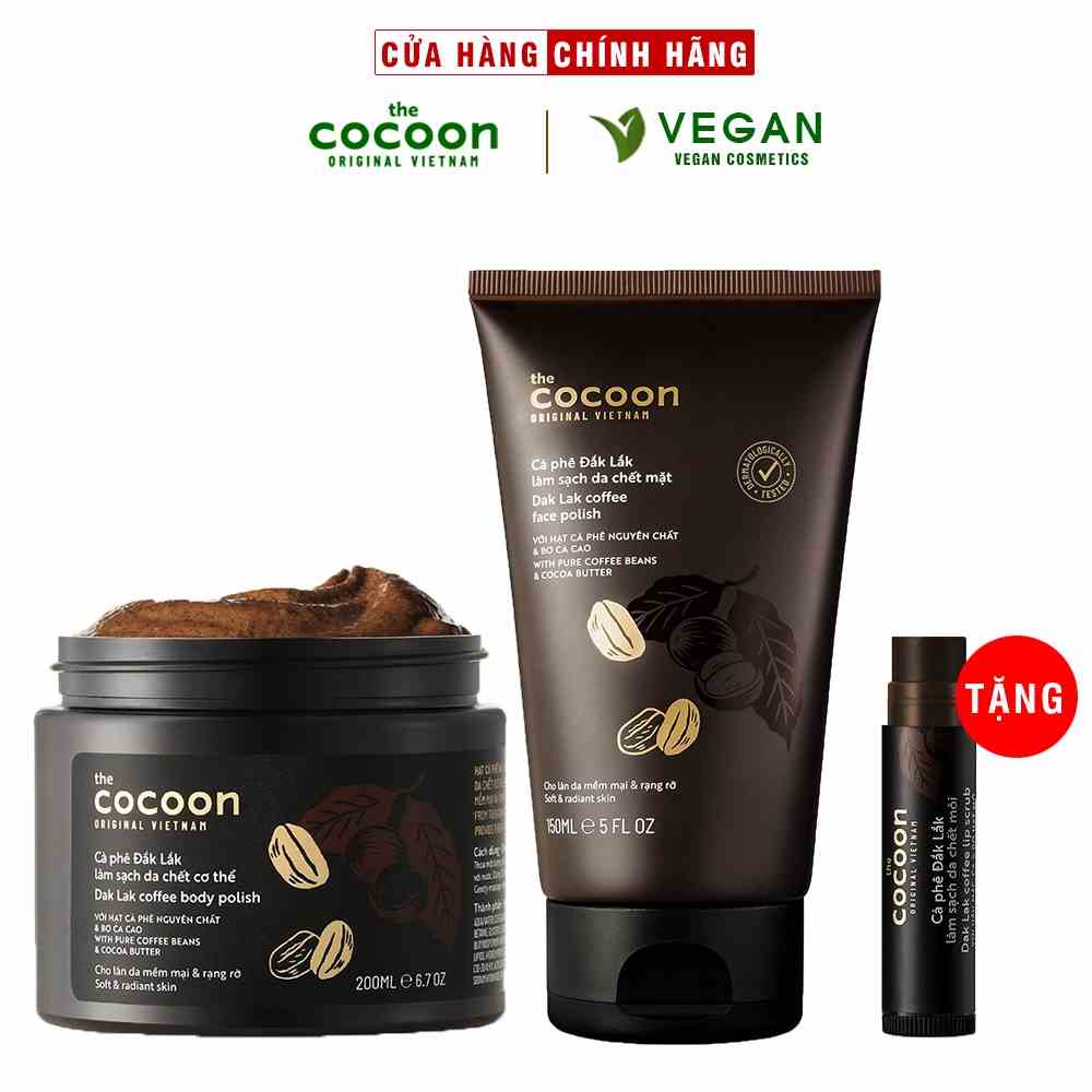 Bộ 3 Cà phê Đắk Lắk tẩy da chết cocoon: Cơ thể 200ml + Da mặt 150ml + Son môi 5g