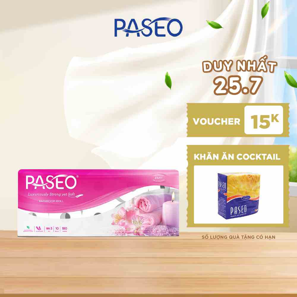 Giấy vệ sinh PASEO 180 tờ 3 lớp 15 gsm 10 cuộn