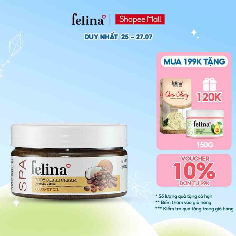 Kem tắm tẩy tế bào chết body Felina Home Spa 220g từ hạt cà phê và tinh dầu dừa giúp da đều màu, giảm thâm nám