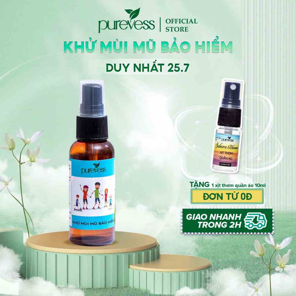 Xịt khử mùi nón bảo hiểm PUREVESS 100% thiên nhiên giúp mũ bảo hiểm thơm mát, an toàn cho sức khỏe 50ml,100ml