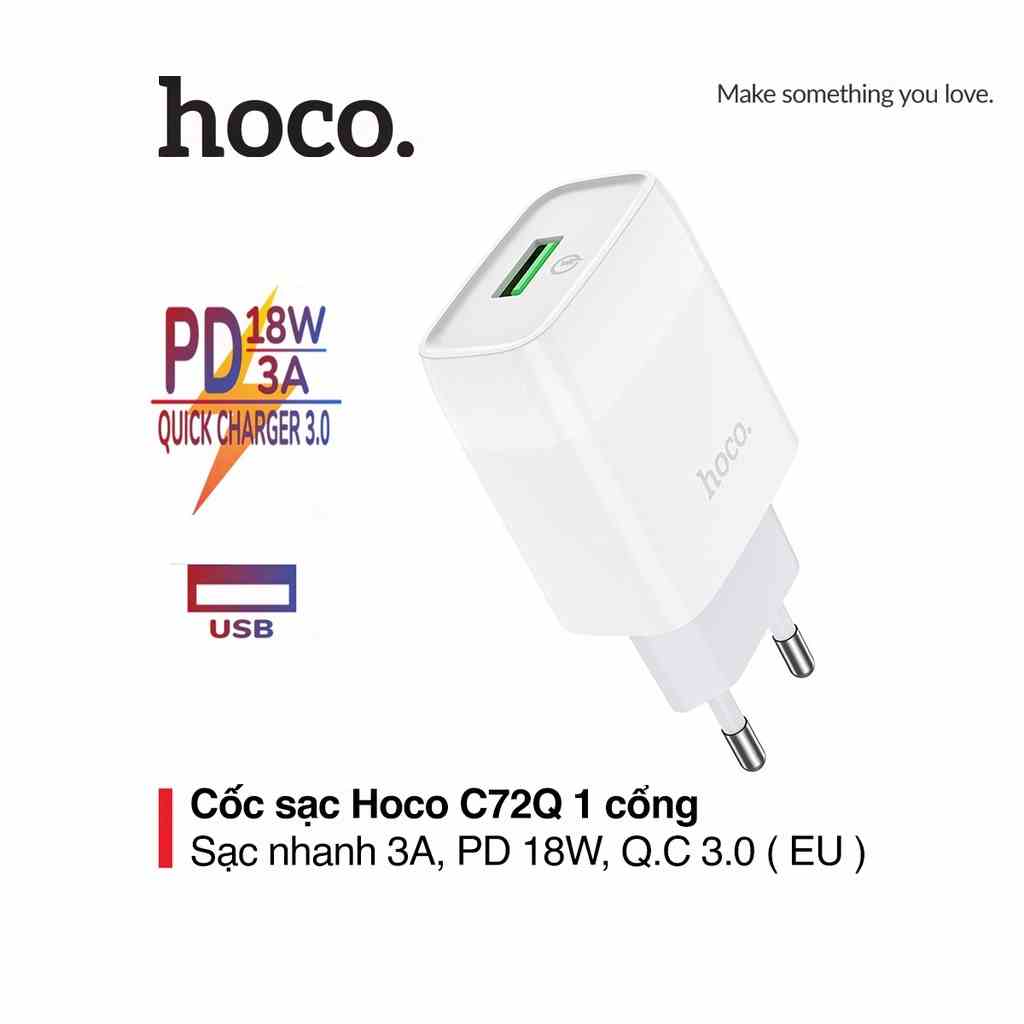 [Mã BMLTB35 giảm đến 35K đơn 99K] Củ sạc 18W Hoco C72Q chuôi tròn 1 cổng USB chất liệu PC chống cháy hỗ trợ QC3.0