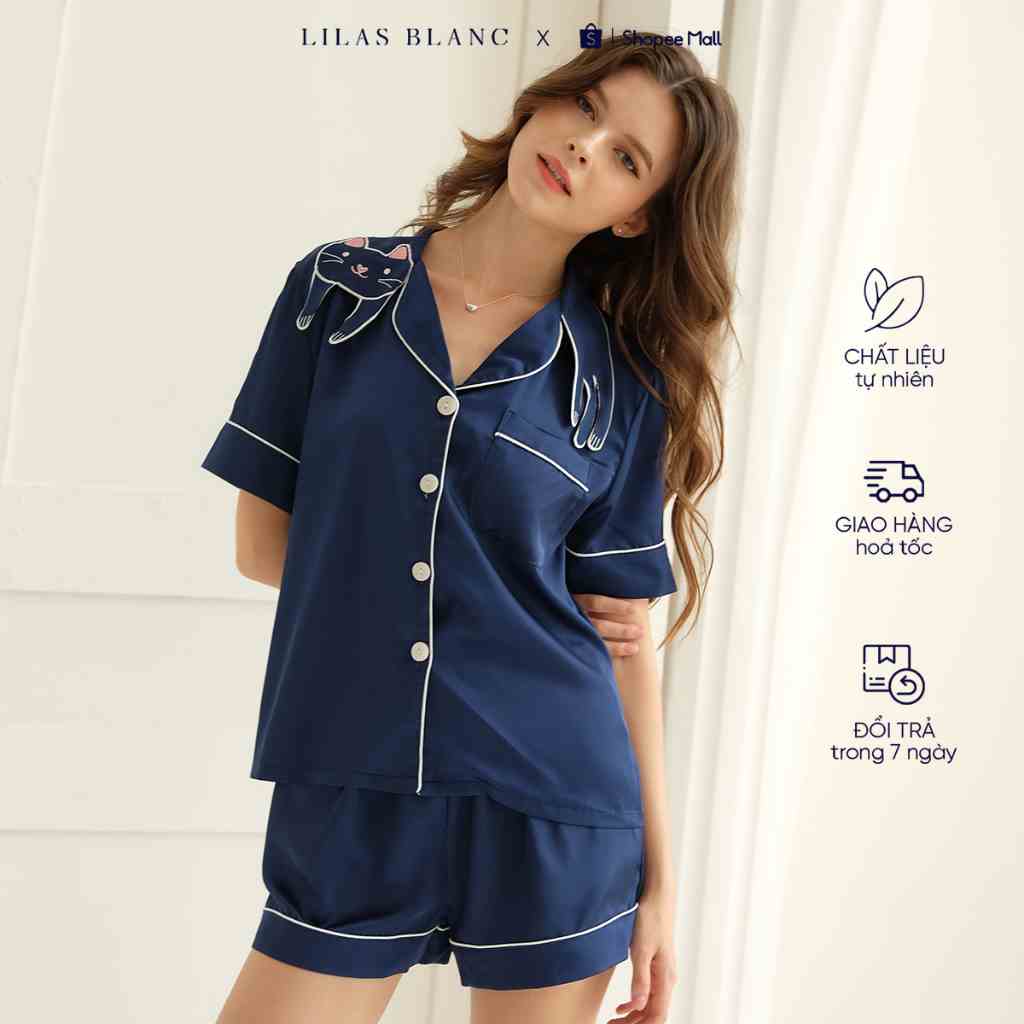 Bộ Pyjamas Nữ Mặc Nhà Áo Cộc Quần Cộc Chất Liệu Lụa Nhiều Màu Thiết Kế Cổ Mèo LILAS BLANC