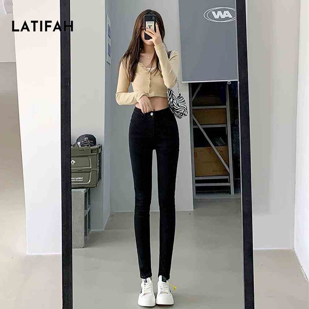 Quần dài jeans nữ co giãn LATIFAH cạp thường trơn màu đen cá tính QD023 phong cách hàn quốc