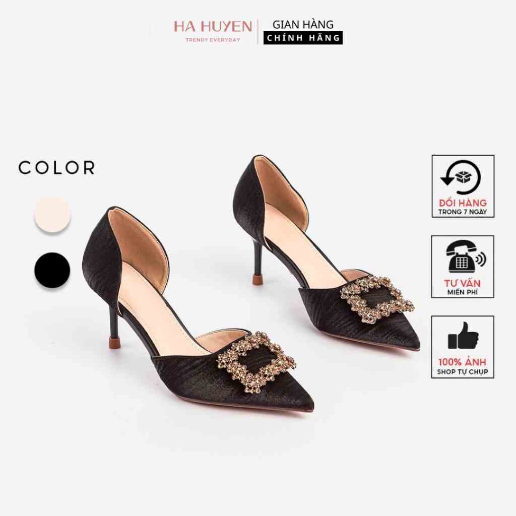 Giày cao gót nữ Hà Huyền Shoes khoét eo mũi nhọn đính đá chữ nhật ánh xanh gót 7 phân - CG555