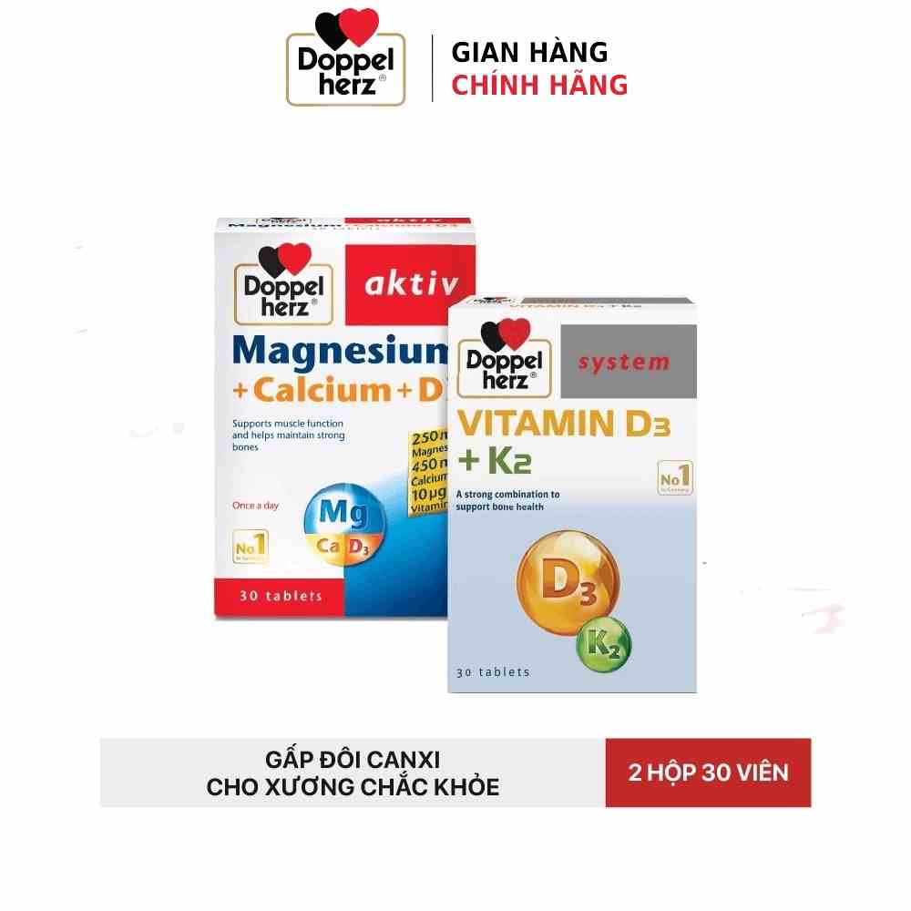 Bộ đôi bổ sung Canxi tối ưu, ngừa loãng xương  Doppelherz Magnesium Canxi D3 và Vitamin K2 D3 (02 Hộp 30 viên)