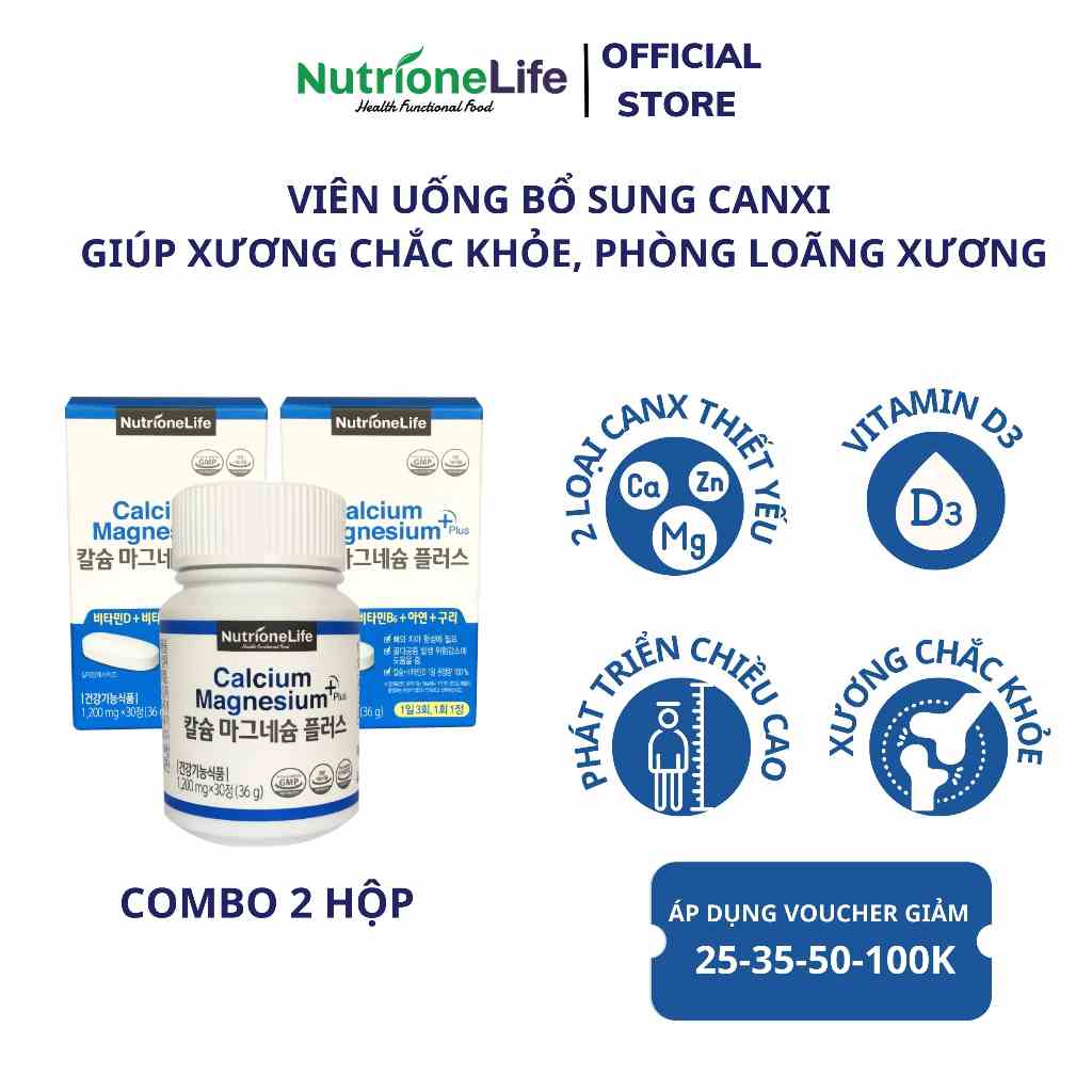 COMBO 2 Hộp NUTRIONELIFE Calcium Magnesium Plus Giúp Xương Chắc Khỏe, Cải Thiện Chiều Cao, Phòng Loãng Xương 30 Viên/Hộp