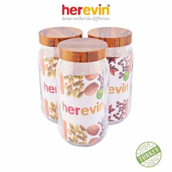 [Mã BMLTA35 giảm đến 35K đơn 99K] Bộ 3 Hũ Thuỷ Tinh Herevin Tròn Trơn Nắp Woody 1L - HEHU231377-205