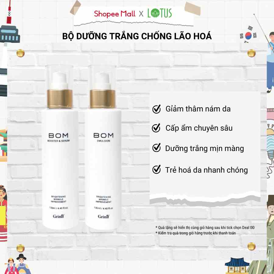 Bộ dưỡng trắng mịn giảm thâm nám, cấp ẩm, giảm nhăn Grinif BOM 2x130ml