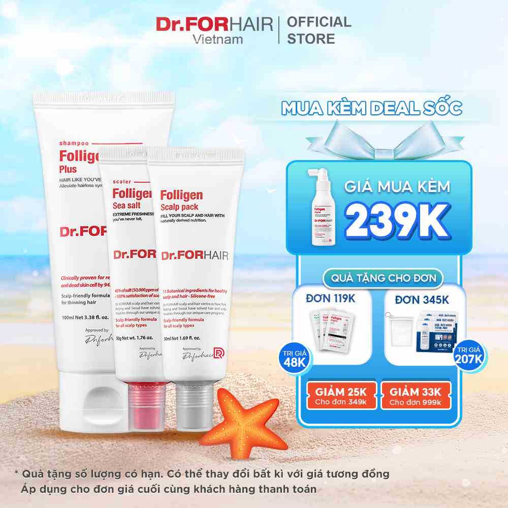 Bộ gội xả mini giúp SẠCH GÀU, giảm rụng và suôn mượt tóc của Dr.FORHAIR: Folligen Plus x Scalp Pack x Sea Salt Scaler