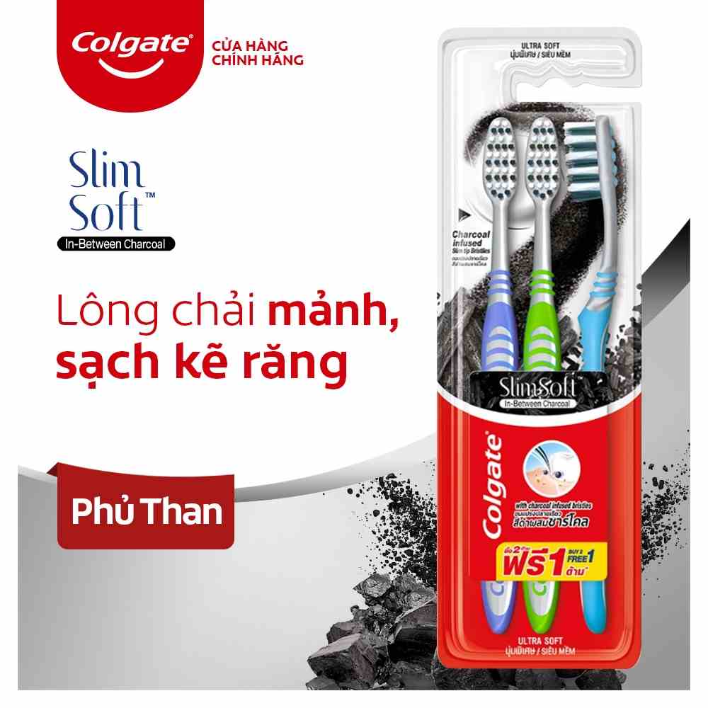 Bộ 3 Bàn chải Colgate Slimsoft lông chải mềm mảnh xen sợi phủ than hoạt tính