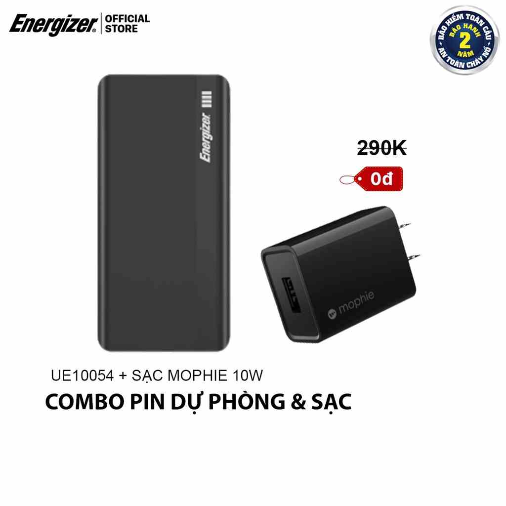 Combo pin dự phòng Energizer 10000mAh UE10054 + Cốc sạc Mophie 10W - Hàng chính hãng, Bảo hành 2 năm 1 đổi 1