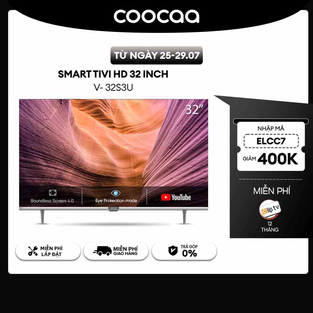 [Nhập ELCC7 giảm 400K] Smart TV HD Coocaa 32 Inch Wifi - Model 32S3U - Miễn phí lắp đặt