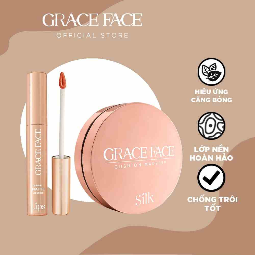 Combo Son kem lì Grace Face Velvet Matte Lipstick 4ml và Phấn nước kiềm dầu Silk Cushion Makeup SPF 40+ PA +++ 15g