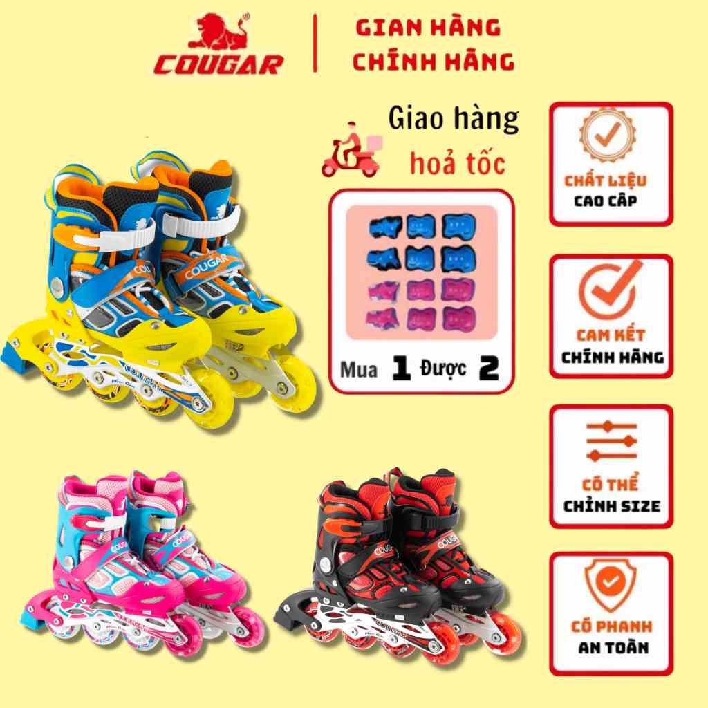 [Mã BMLT30 giảm đến 30K đơn 299K] Giày Patin Trẻ Em Cougar 835LSG Chính Hãng, Có Bánh Đèn Phát Sáng, kèm bảo hộ tay chân