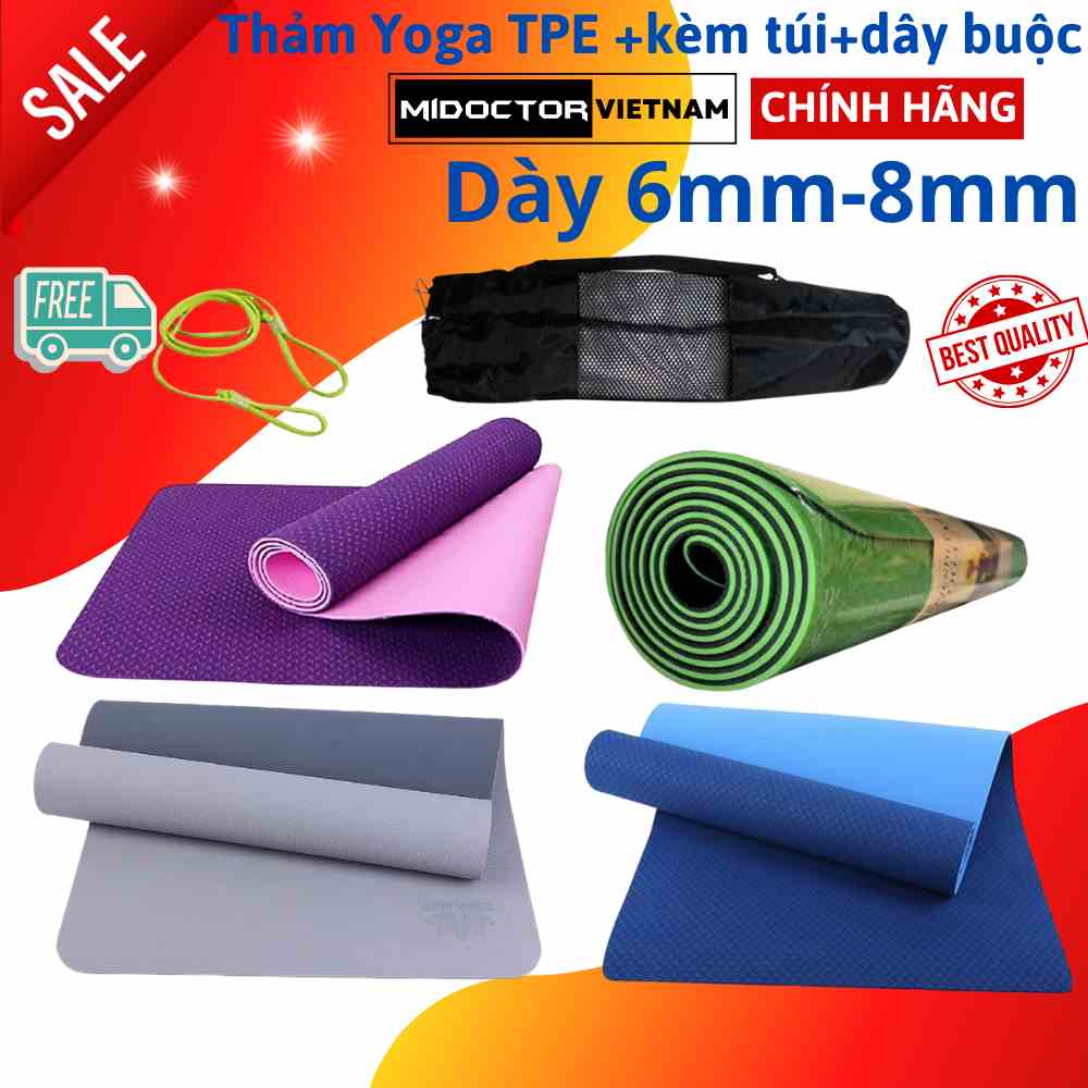 Thảm tập yoga TPE chống trượt 2 lớp, tập gym tại nhà dày 6mm, 8mm (màu ngẫu nhiên)- Chính Hãng miDoctor