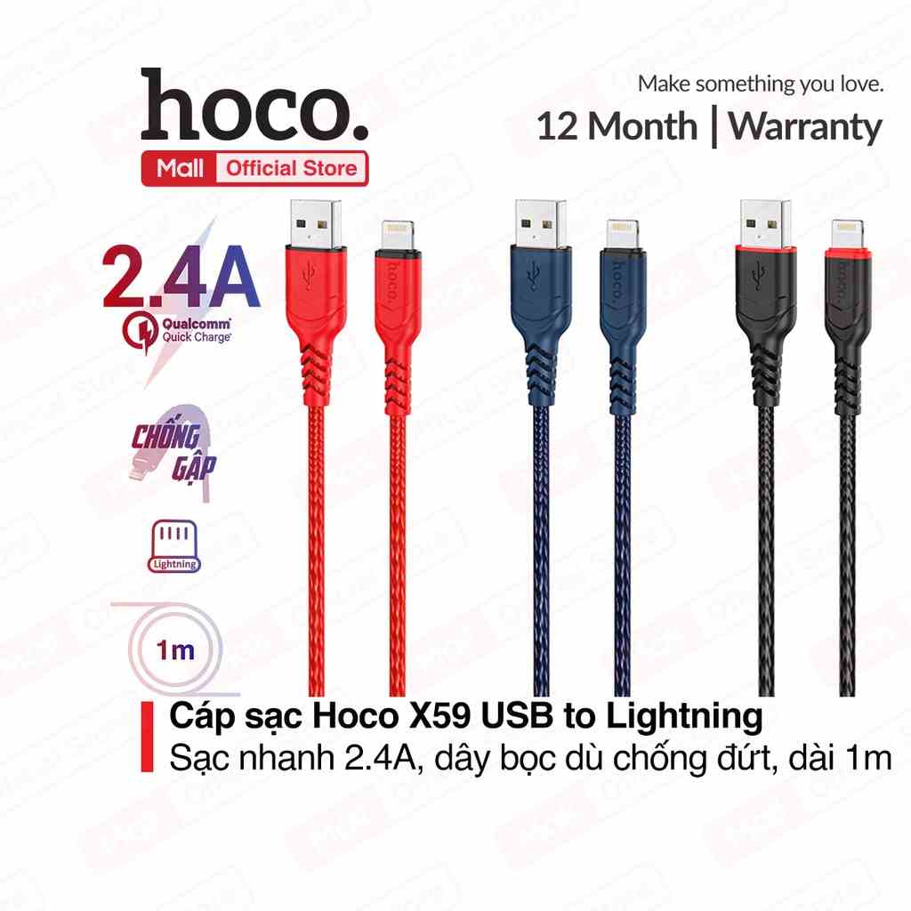 Cáp sạc nhanh Hoco X59 USB to Lightning sạc nhanh 2.4A, đầu sạc chống gẫy gập, hỗ trợ truyền dữ liệu, dài 1m/2m