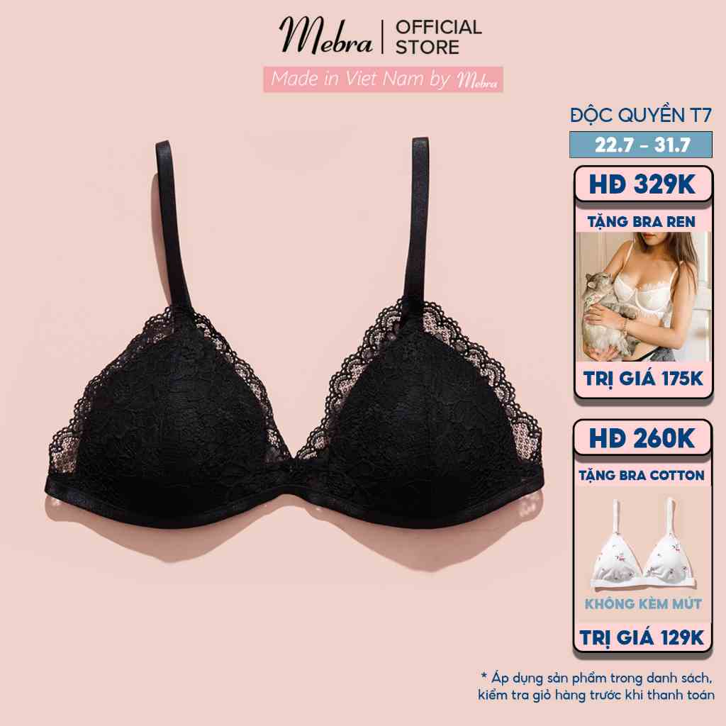 Áo lót nữ bralette không gọng mút mỏng ren hoa màu đen thiết kế sexy gợi cảm thương hiệu Mebra A013