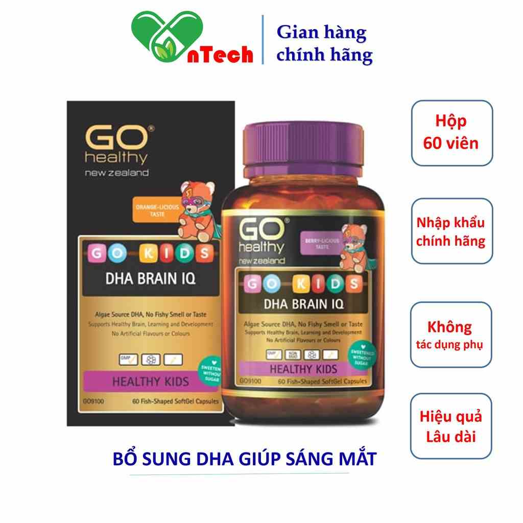 Bổ não Go Healthy DHA BRAIN IQ Tăng cường trí lực thị lực và hệ miễn dịch cho bé nhập khẩu New Zealand hộp 60 viên