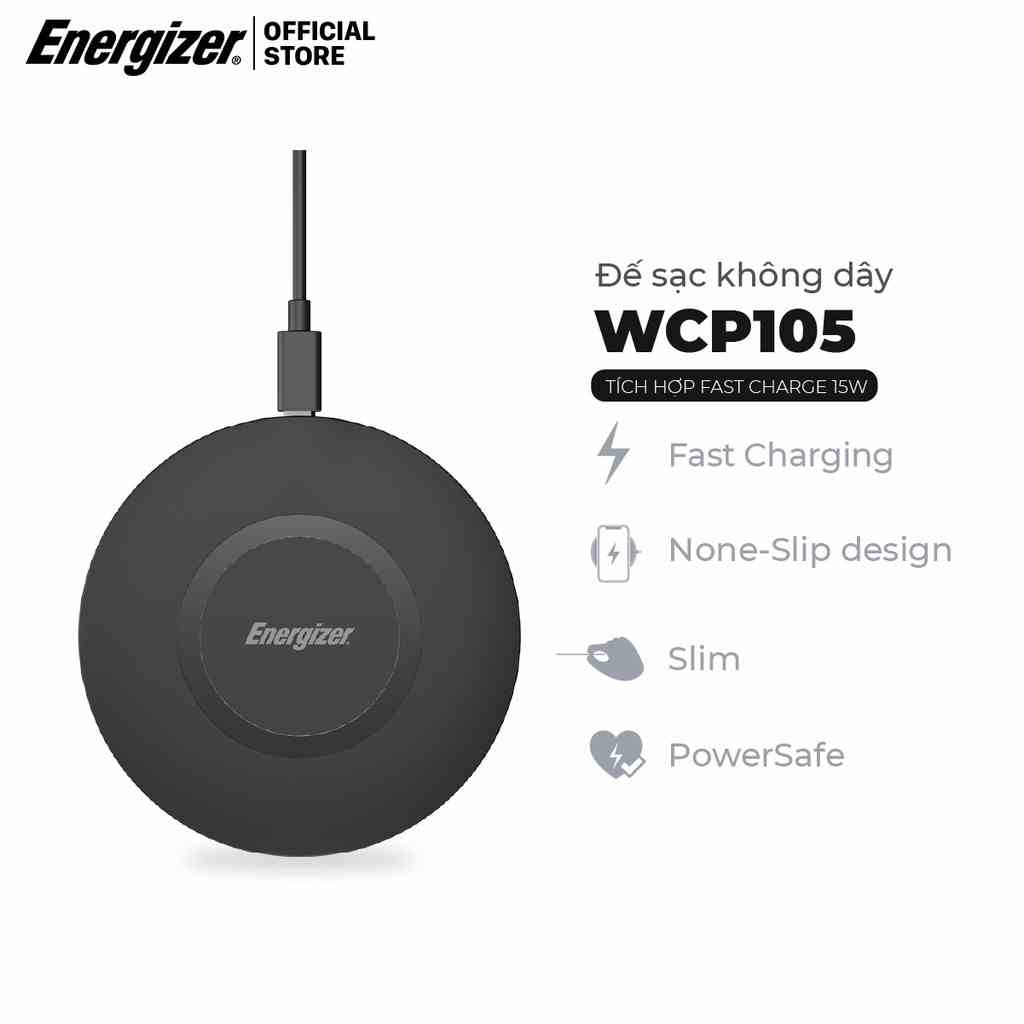 Đế sạc không dây Energizer 15W kèm cáp USB-C  WCP105 - Hàng Chính Hãng, Bảo Hành 2 Năm 1 Đổi 1