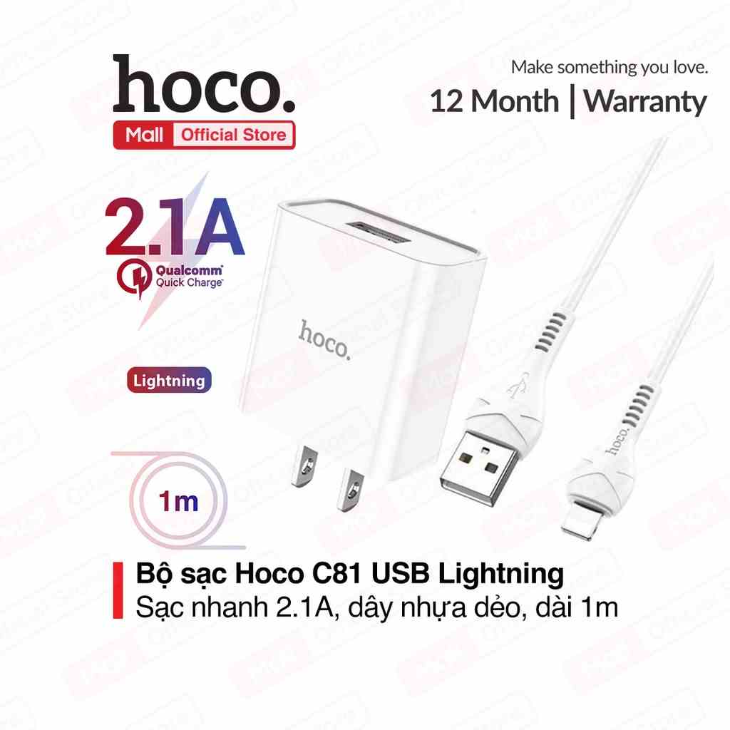 Bộ sạc Hoco C81 cho 8/11/12/13 14 pro max sạc  2.1A, thích hợp nhiều dòng iPhone/iPad..., dây nhựa dẻo, dài 100cm