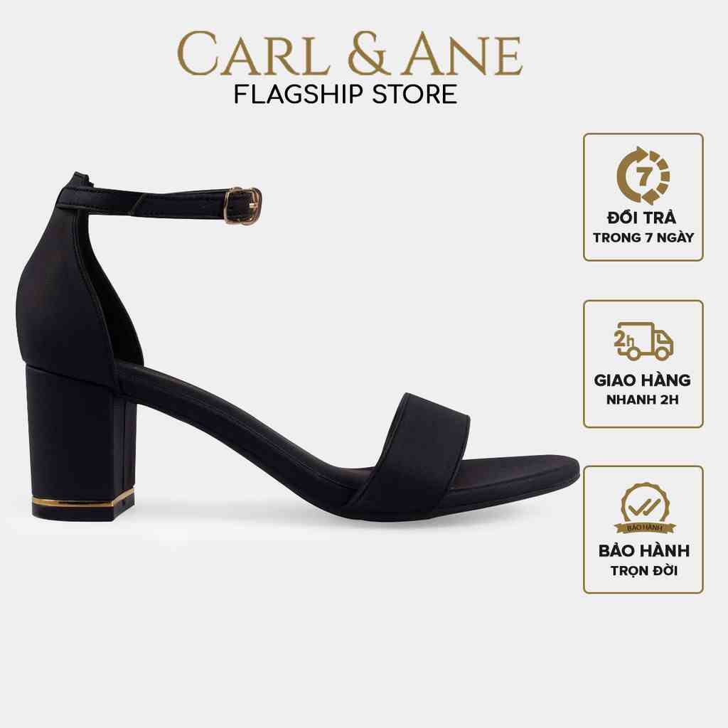 Giày sandal cao gót thời trang Carl & Ane mũi hở bít gót phối quai ngang 7 cm màu đen CS008