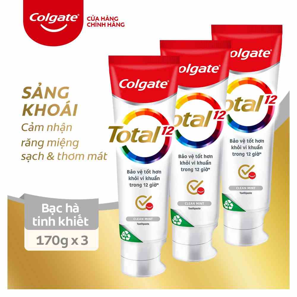 Bộ 3 Kem đánh răng Colgate diệt vi khuẩn Total Clean Mint hương bạc hà bảo vệ toàn diện 12h 170g/tuýp