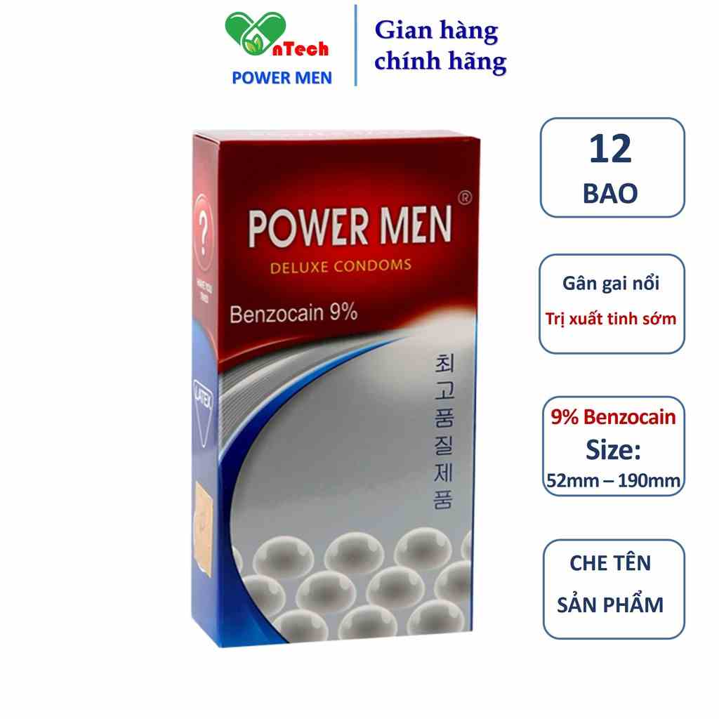 Bao cao su POWER MEN LONGER PLUS siêu mỏng gân gai nổi kéo dài thời gian 9% Benzocain chống xuất tinh sớm hộp 12 chiếc