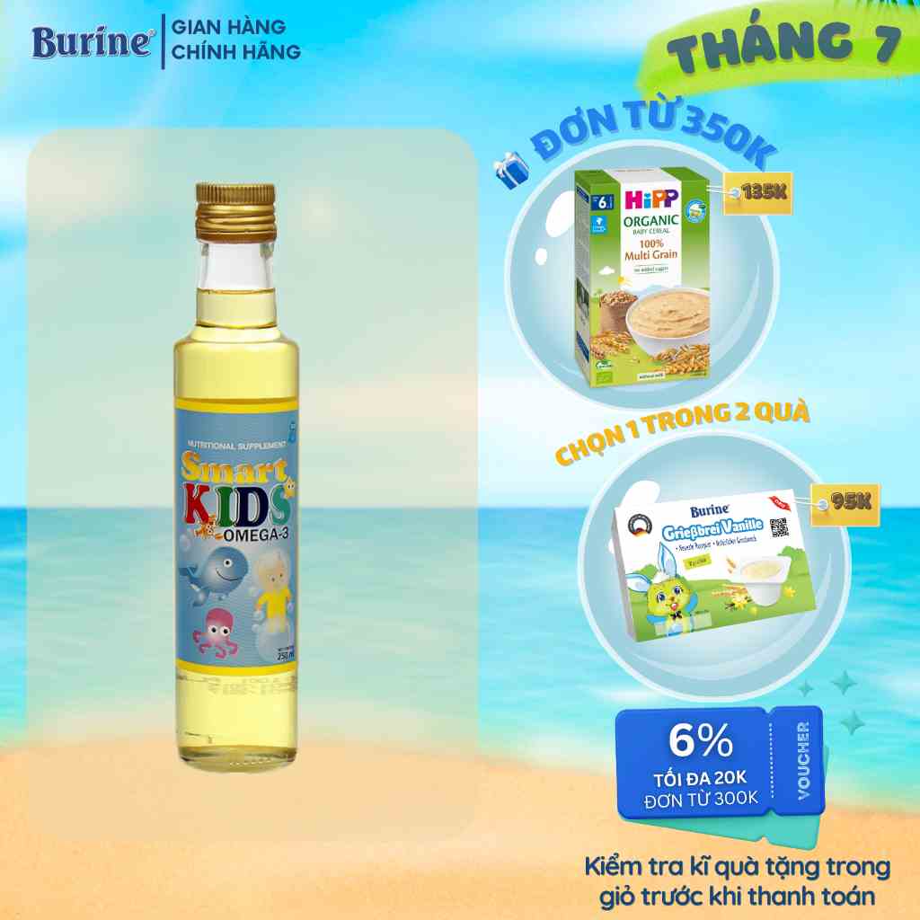 Dầu Cá Burine Smart Kids 250ml bổ sung DHA & EPA tăng cường thị giác cho bé ăn dặm từ 7 tháng tuổi - Nhập khẩu Chi Lê.