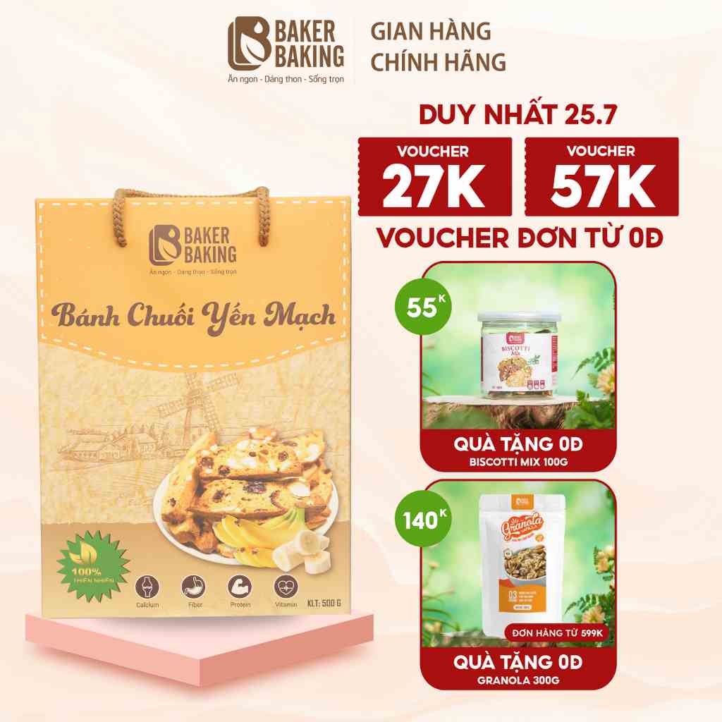 [Mã BMLTA35 giảm đến 35K đơn 99K] Bánh ăn kiêng vị chuối yến mạch Baker Baking không đường 100g-500g