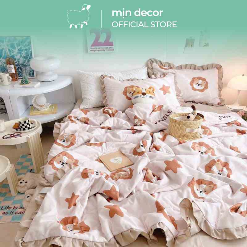 SET 4 món chăn chần hè và ga gối dễ thương MỊN DECOR cotton đũi viền bèo mềm mại