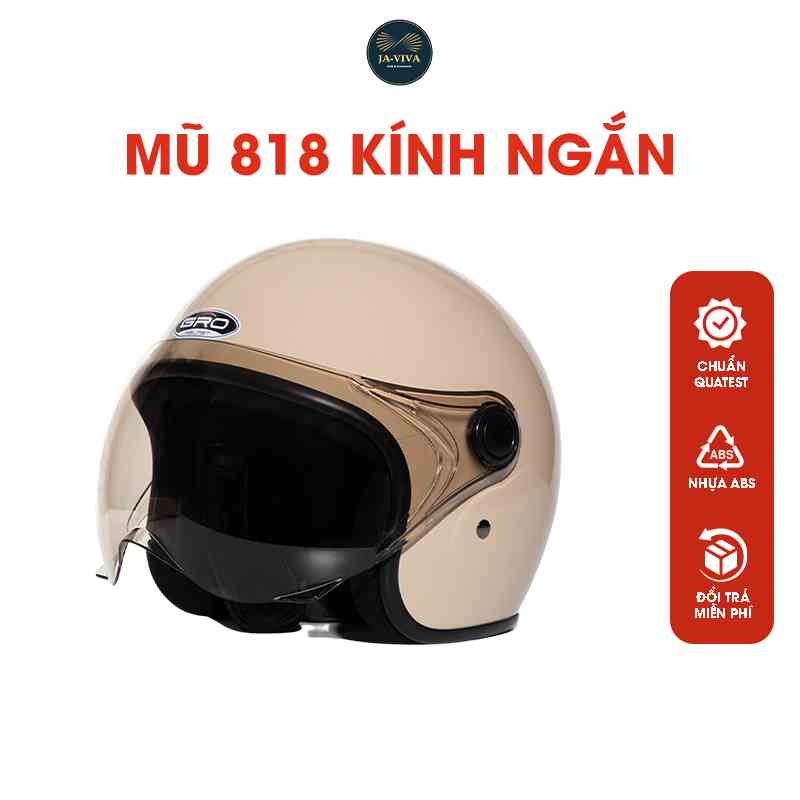 Nón bảo hiểm 3/4 đầu GRO HELMET chính hãng, kính ngắn màu trà, chất lượng cao