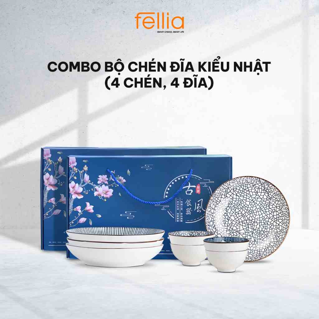 Combo 2 bộ chén bát đĩa Fellia kiểu Nhật (4 chén, 4 đĩa, 4 đũa) | Sứ cao cấp | Đóng hộp quà tặng