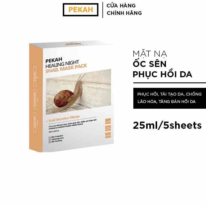 Hộp Mặt Nạ 5 Miếng Cấp Ẩm Giúp Phục Hồi Và Tái Tạo Da PEKAH Healing Night Snail Mask Pack 25ml/5sheets