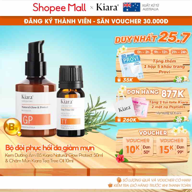 Bộ đôi phục hồi da giảm mụn Kem Dưỡng Ẩm B5 Kiara Natural Glow & Protect 50ml & Chấm Mụn Kiara Tea Tree Oil 10ml