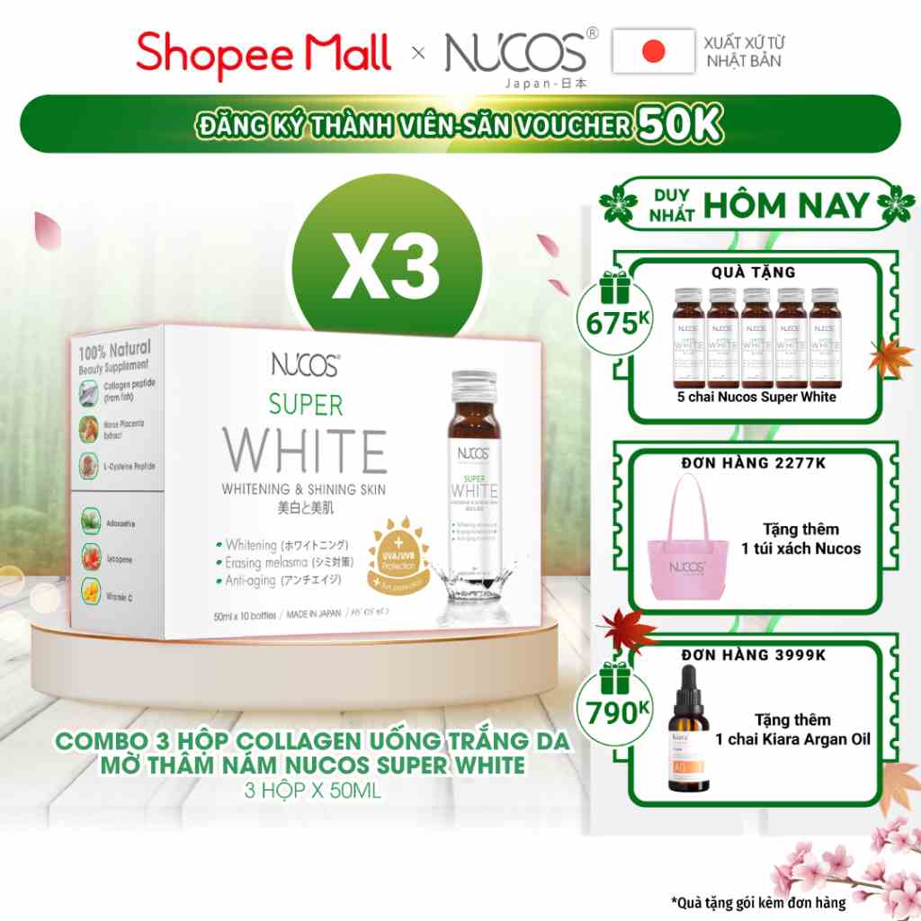 Combo 3 hộp nước uống collagen trắng da mờ thâm nám Nucos Super White 50ml x 3 x 10 chai