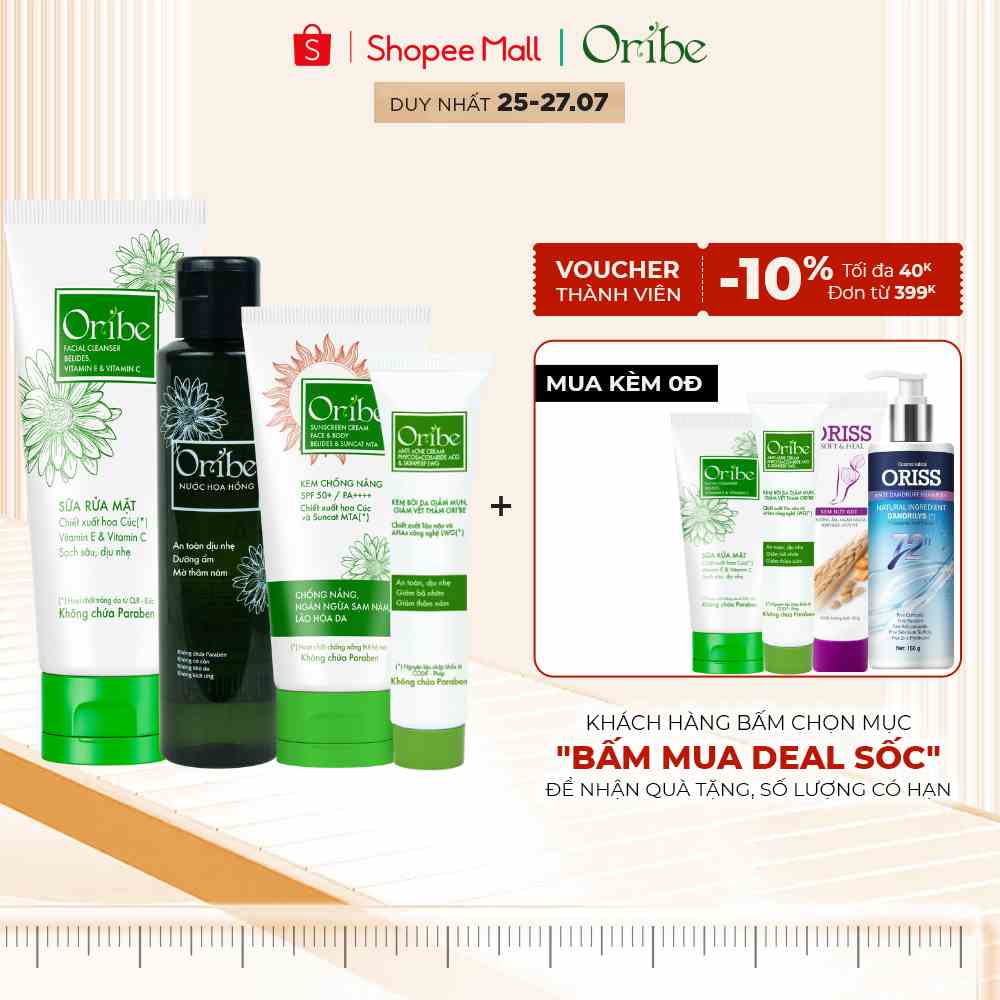 Combo 4 Bước Chăm Sóc Da Oribe Dưỡng Ẩm Dưỡng Trắng Da Ngừa Mụn Chống Nắng Thu Nhỏ Lỗ Chân Lông