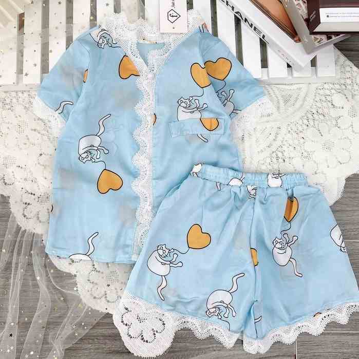 [Mã BMLTB35 giảm đến 35K đơn 99K] Bộ Đồ Ngủ Pijama Cho Bé Gái Cộc Tay Lụa Satin Hình Tim Phối Viền Ren - Babi mama BN22