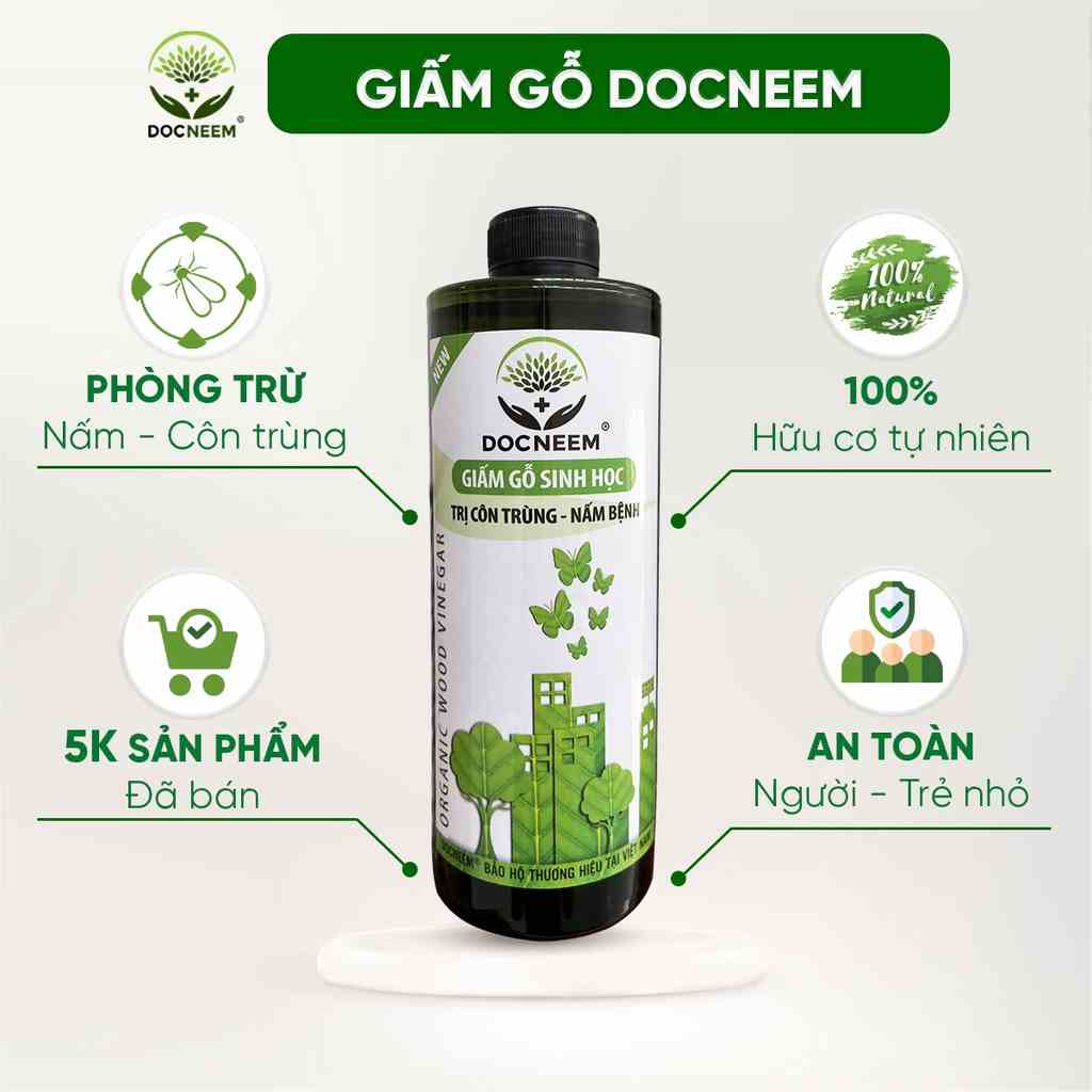 Giấm gỗ sinh học DOCNEEM phòng ngừa xua đuổi côn trùng, diệt nấm lá cho cây cảnh, rau củ quả, hoa hồng, phong lan 500ml