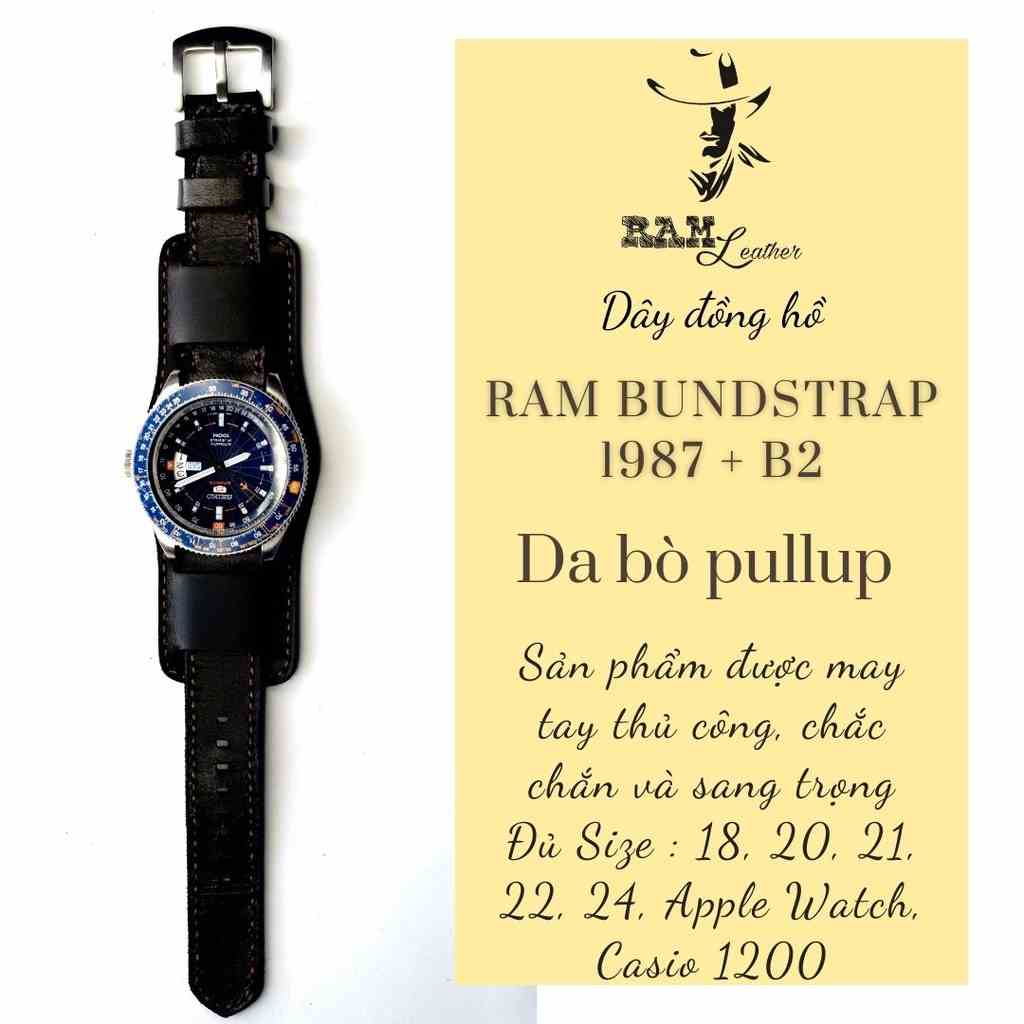 Comboo Dây Đồng Hồ Da Thật RAM Leather Bundstrap B2 + RAM 1987 Da Bò Đen Kiểu Quân Đội Đức  Bền Đẹp