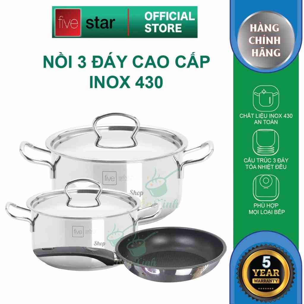 Bộ 2 nồi và 1 chảo chống dính 3 đáy từ inox 430 FiveStar Standard nắp inox