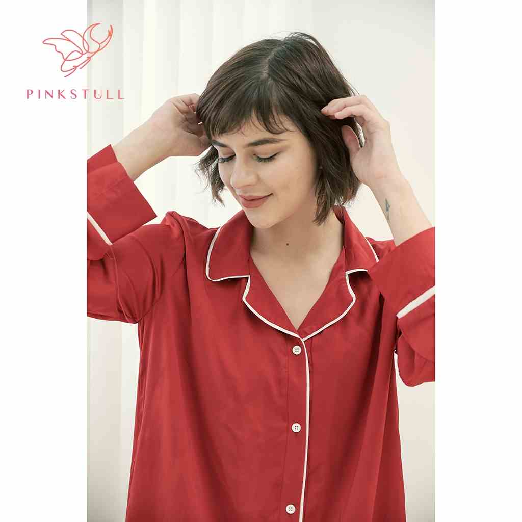 [Mã BMLTA35 giảm đến 35K đơn 99K] Áo ngủ lụa Pijama Pink Stull đỏ đô viền trắng